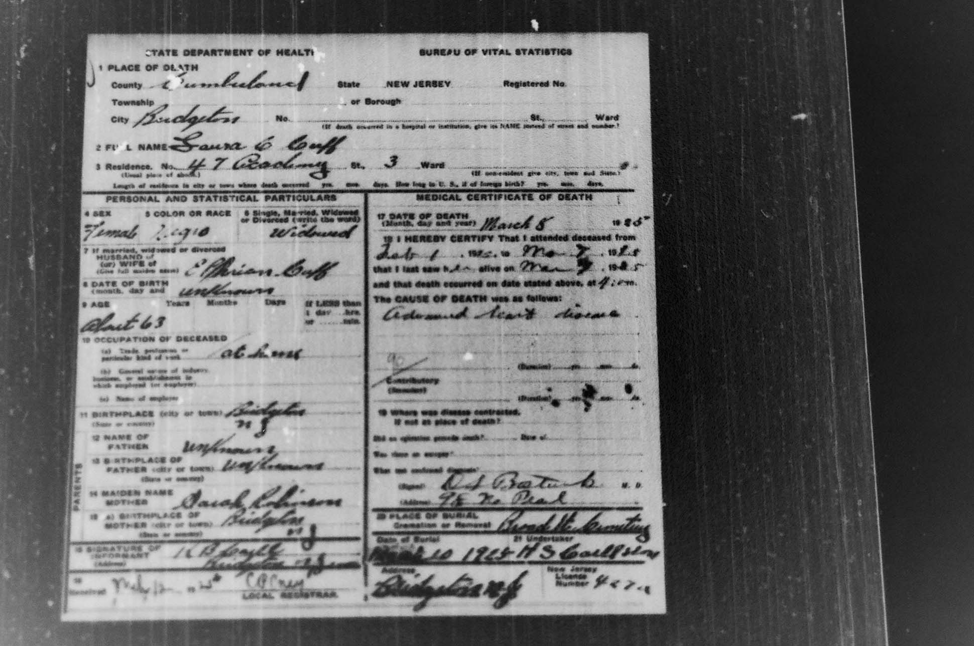 Mitsawokett New Jersey death certificates